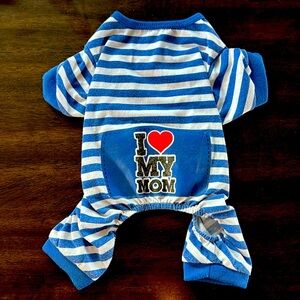 Pet Spirit, small, dog pj onesie “I 🩷 my mom” blue and white stripe.